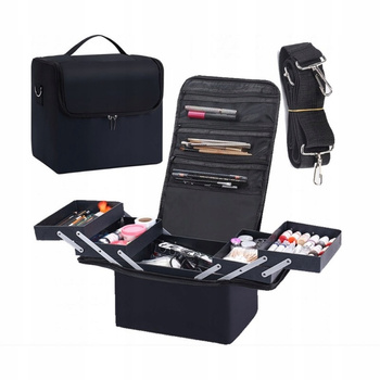 CoolStaff organizér na kosmetiku, prostorné černé pouzdro s popruhem, kapsy, police