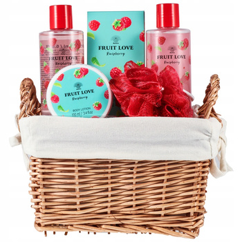 Aurora Fruit Love Raspberry Dárková sada 4 kosmetiky + žínka v košíku