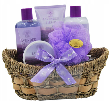 Aurora dárková sada 5 kosmetických přípravků v proutěném košíku + levandulová houbička