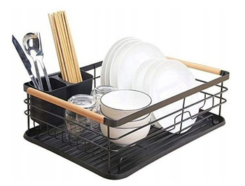 CoolStaff Odkapávač / Stojan na sušení nádobí s podnosem Černá / Dřevo