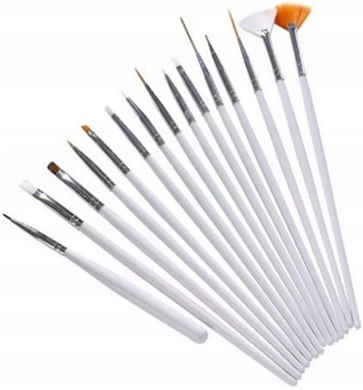 Sada hybridních štětců na zdobení akrylovým gelem 15ks, BÍLÉ